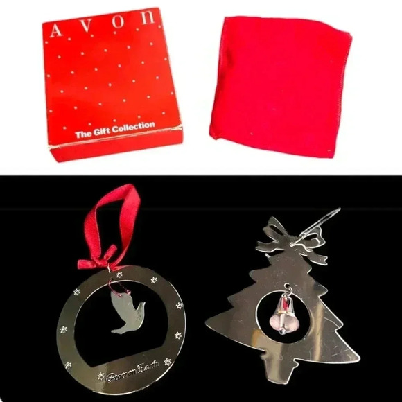 Vtg 1980s Avon Silverplate Christmas Ornament Set Peace On Earth & Silver Bell - Picture 1 of 6